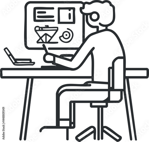 Line art illustration of a person working on digital design at a computer in an office workspace