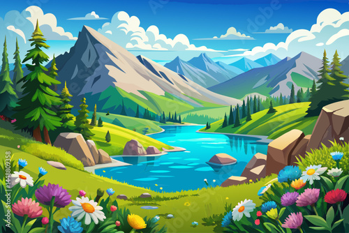 vector of A beautiful mountain lake with clear blue water surrounded by lush green hills and vibrant wild flowers under a clear blue sky with fluffy white...
