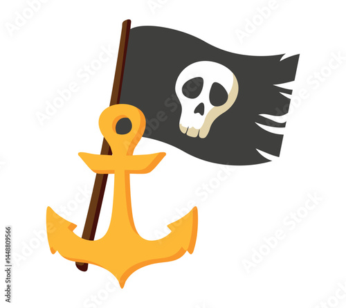 Black torn flag with Skull, golden Anchor for children books, party decorations, games and graphic. Pirate image. Buccaneer, yellow hook. Isolated on white background. Flat style. Vector illustration