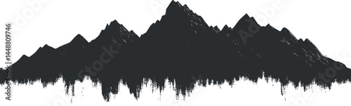 Black silhouette of mountain range with forest base isolated on white background