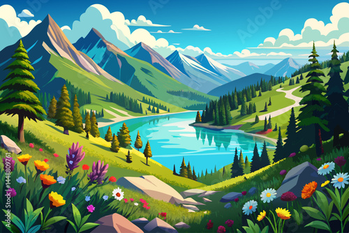 vector of A beautiful mountain lake with clear blue water surrounded by lush green hills and vibrant wild flowers under a clear blue sky with fluffy white...