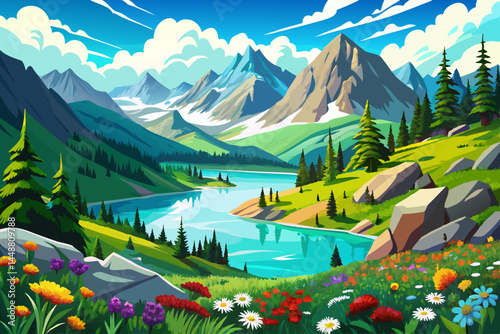 vector of A beautiful mountain lake with clear blue water surrounded by lush green hills and vibrant wild flowers under a clear blue sky with fluffy white...