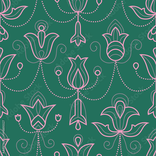 Abstract line flowers, bell, tulips seamless pattern. Gold linear oriental ornamental botanical background