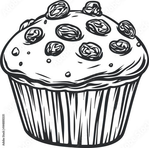 Black and white line drawing of a raisin muffin with detailed texture and shading