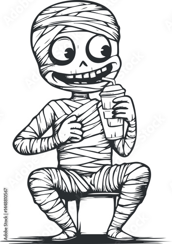 Black and white cartoon illustration of a cute mummy character sitting and drinking from a cup with a straw.