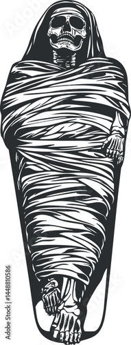 Black and white illustration of a mummy wrapped in bandages inside a coffin with a visible skeleton.