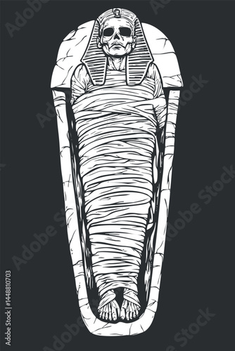 Illustration of an ancient Egyptian mummy wrapped in bandages inside a stone sarcophagus.