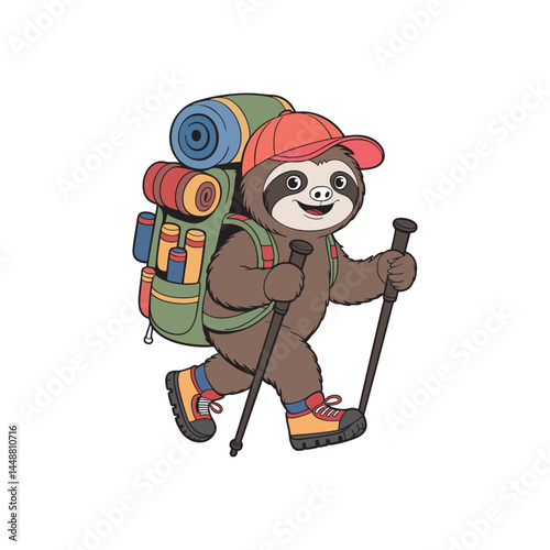 A cute cartoon sloth wearing a hiking backpack, trekking outdoors with walking poles. The sloth is standing on a forest path, wearing hiking shoes and a cap, smiling confidently. The backpack is large