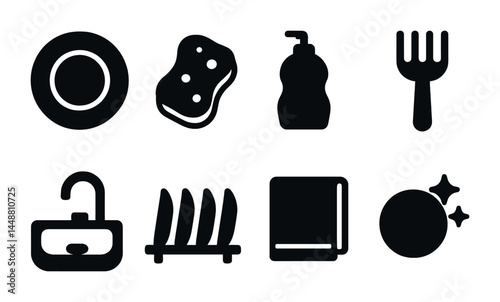 Home kitchen and cleaning solid icons set – filled style cookery, hygiene, and housekeeping symbols for organization: plate, sponge, soap, fork, sink, dish rack, towel, sparkle.