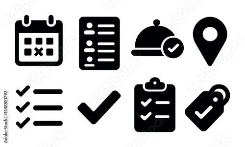 Task management icons – solid style designs for productivity and organization: calendar, checklist, to-do list, location pin, clipboard, tag, tick, restaurant bell