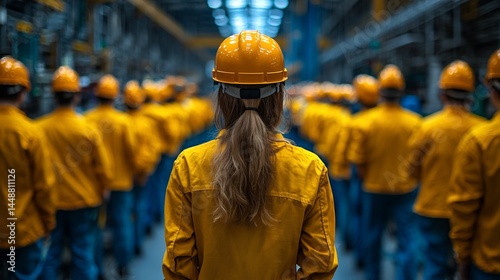 Factory workers walking, industrial background