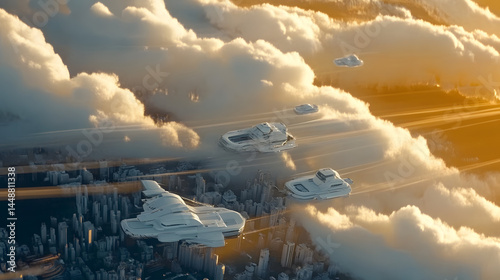 Futuristic flying vehicles above city and clouds at golden sunset