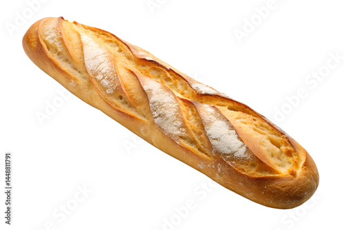 A single loaf of crusty french bread on a clean presentation isolated on transparent background.