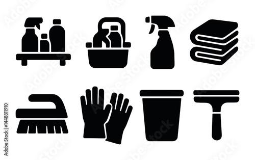 Cleaning supplies icon set – solid style for household chores and maintenance: spray bottle, detergent, cleaning gloves, brush, squeegee, towels, trash bin.