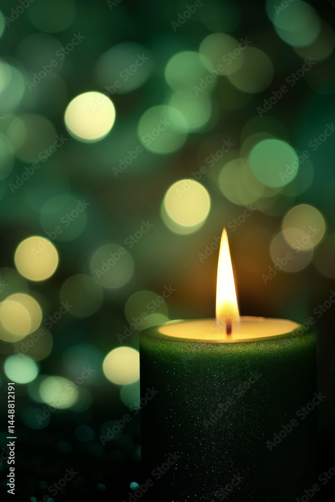 Green candle burning with glowing bokeh in background. Peace and holiday concept. Green candle burning with glowing bokeh in background. Peace and holiday concept.