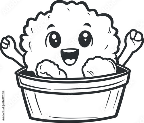 Cartoon illustration of a happy cauliflower vegetable character with arms raised in excitement in black and white