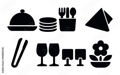 Elegant dining silhouette icons set - solid style tableware, utensils, and decor for restaurant branding: cloche, plate, cutlery, napkin, tongs, wine glasses, centerpiece