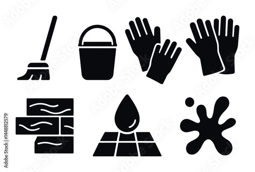 Cleaning tools and supplies solid icons set – isometric hygiene, sanitation, and housekeeping graphics: mop, bucket, gloves, soap, brush, spray, droplet, sponge.