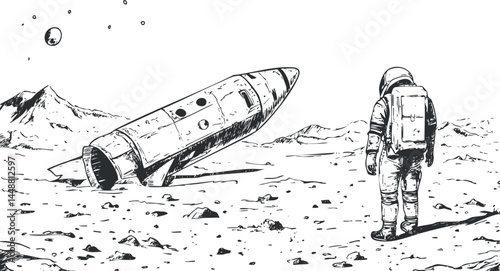 Black and white illustration of an astronaut standing near a crashed rocket on a barren lunar or planetary surface under a starry sky.