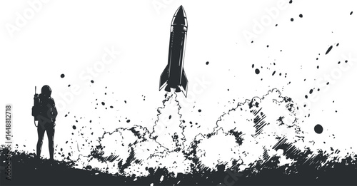 Silhouette of an astronaut watching a rocket launch with smoke and explosion in black and white.