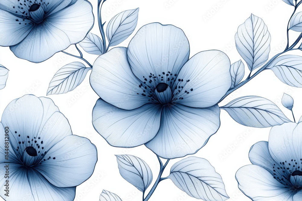 Obraz premium Elegant blue floral pattern featuring delicate petals and leaves on a white backdrop