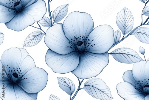 Elegant blue floral pattern featuring delicate petals and leaves on a white backdrop