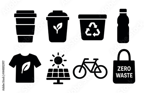 Eco-friendly lifestyle icon set - solid style icons for sustainability, recycling, and green living: coffee cup, recycling bin, water bottle, solar panel, bicycle, zero waste bag