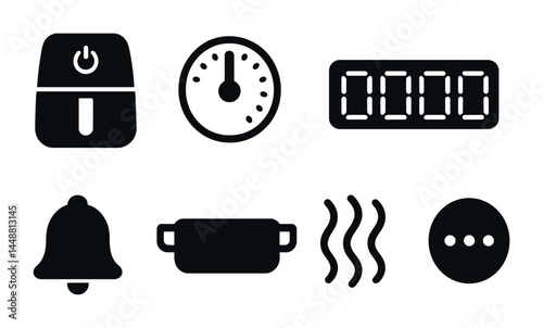 Kitchen appliance silhouette icons – solid style cooking essentials for home use: air fryer, timer, oven display, bell, pot, steam, menu