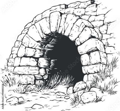 Black and white illustration of an old stone arch entrance in ruins with surrounding grass and rocks