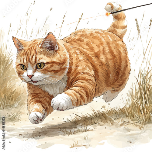 Cat Chasing A Laser Pointer, watercolor vector, isolated on a white background.