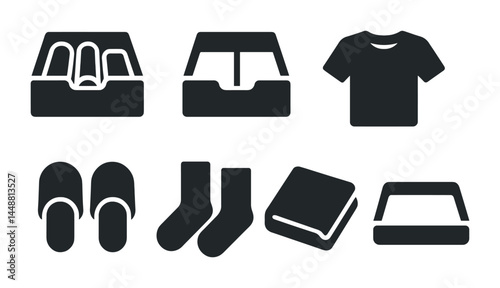 Home organization solid icons set – flat style storage, decluttering, and household symbols for efficient living: bins, containers, clothing, slippers, socks, baskets, shelving.