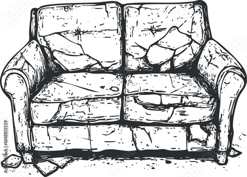 Black and white sketch of a worn and damaged couch with torn cushions and broken upholstery