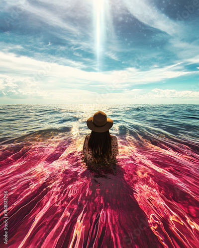 Woman in hat sitting in vibrant pink ocean under glowing sky