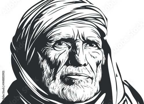 Black and white illustration of an elderly man with a headscarf showing detailed wrinkles and beard