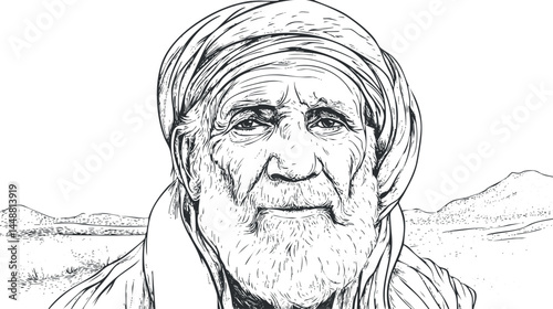 Hand-drawn black and white portrait of an elderly man with a beard and headscarf in a desert landscape