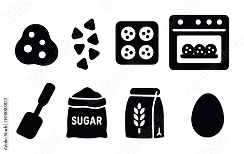 Baking and cooking silhouette icons set – solid style for kitchen, culinary, and recipe design: cookie dough, chocolate chips, oven, spatula, sugar, flour, egg.