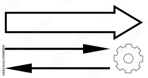 Three arrows pointing in different directions, including a gear symbol for execution or mechanics. Ideal for process flow, decision-making, navigation, engineering, workflow, system optimization
