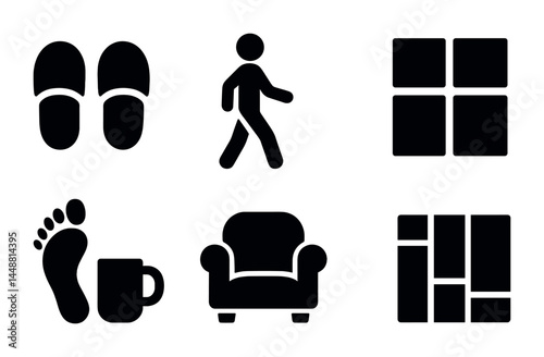 Home lifestyle solid icons set – silhouette style cozy living, relaxation, and everyday symbols for interior design: slippers, walking person, window, footprint with mug, armchair, tile pattern