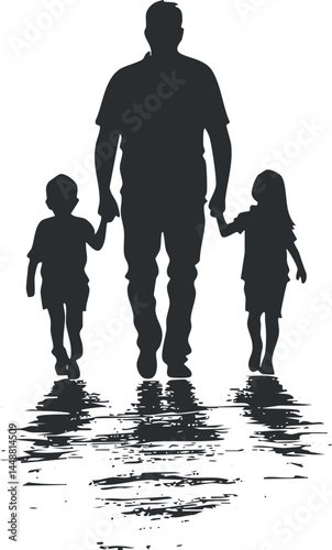 Silhouette of a father walking hand in hand with two children, showing family bond and love.