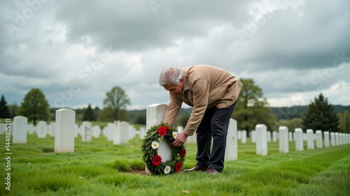 Veteran honors fallen soldiers with floral wreath at cemetery during cloudy afternoon