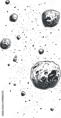 Hand-drawn illustration of asteroids floating in outer space with detailed textures and craters
