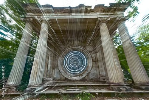 Ancient stone portal with glowing vortex in forest temple