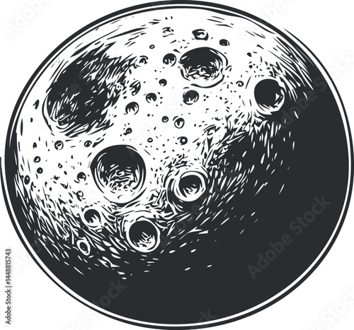 Black and white detailed illustration of the moon with visible craters and lunar surface texture