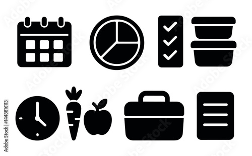Meal planning solid icons set – filled style for nutrition, health, and organization: calendar, pie chart, checklist, food containers, clock, carrot, apple, lunchbox, notes