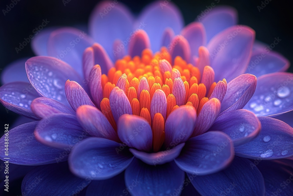 Radiant Blossom: Purple petals embrace an orange center in a macro floral display