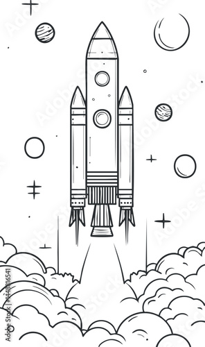 Black and white line drawing of a rocket launching into space with planets and stars in background