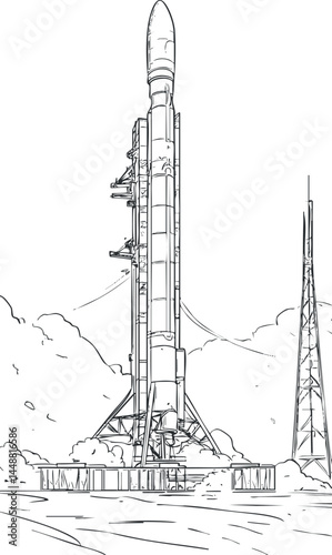 Black and white sketch of a rocket standing vertically on a launchpad ready for launch in a space facility.