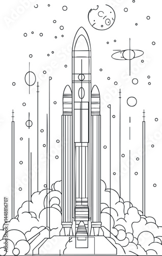 Black and white line art illustration of a rocket launching into space with celestial bodies and stars in the background