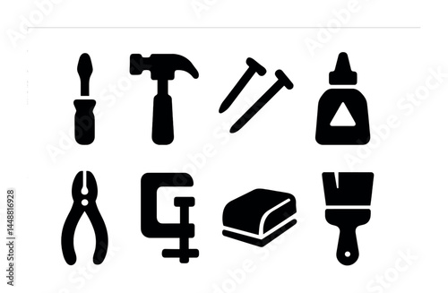 Diy and home improvement solid icons set – silhouette style construction, woodworking, and repair symbols: screwdriver, hammer, nails, glue, pliers, clamp, sander, paintbrush.