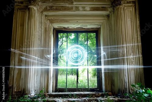 Glowing portal in abandoned building window facing green forest